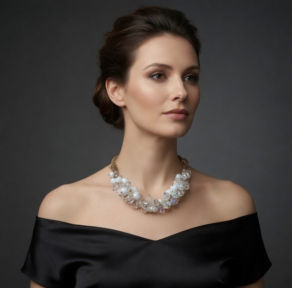 Clear White Crystals Cluster Gold Tone Multilayer Chain Statement Necklace 18-21